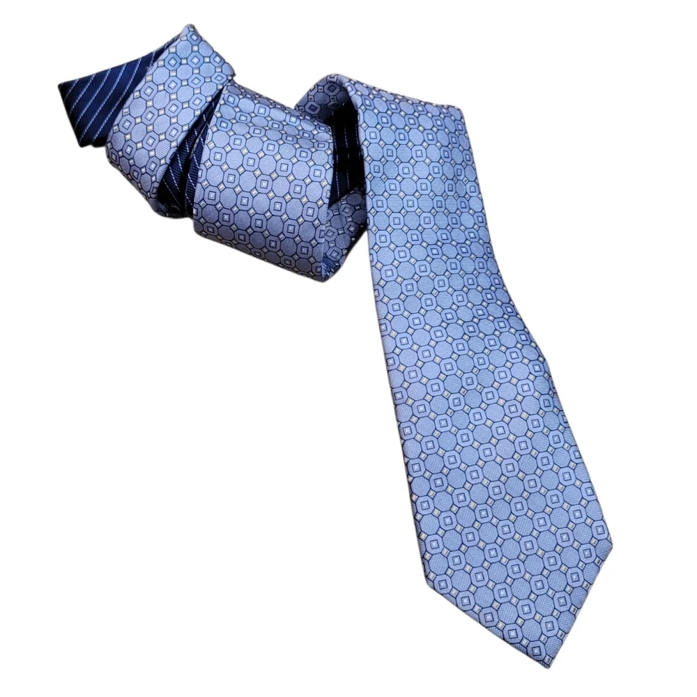 Tommy Hilfiger 100% Silk Light Blue Yellow Geometric Tie